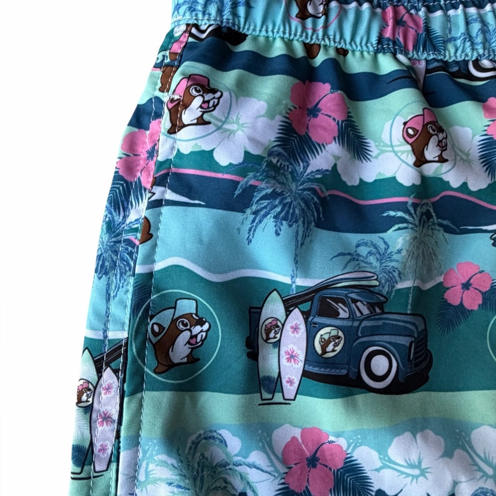 NEW Buc-ee’s Mens Tropical Surfer Hawaiian Surfboard Swim Trunks Shorts, XXL - Picture 2 of 9